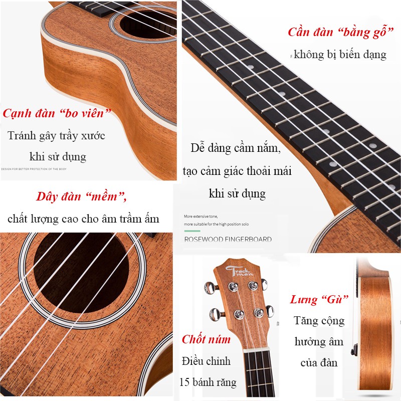 Đàn Ukulele Gỗ Nguyên Khối Trơn Không Màu Concert/Soprano Size 62cm Super Soprano 4 Dây Tặng Kèm Bao Đựng Đàn vt165