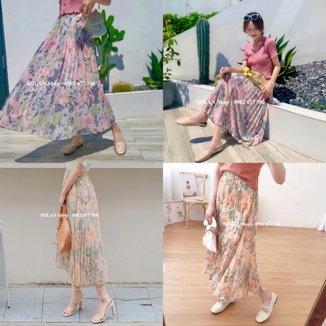 Chân váy xếp ly hoa dáng dài midi siêu xinh.