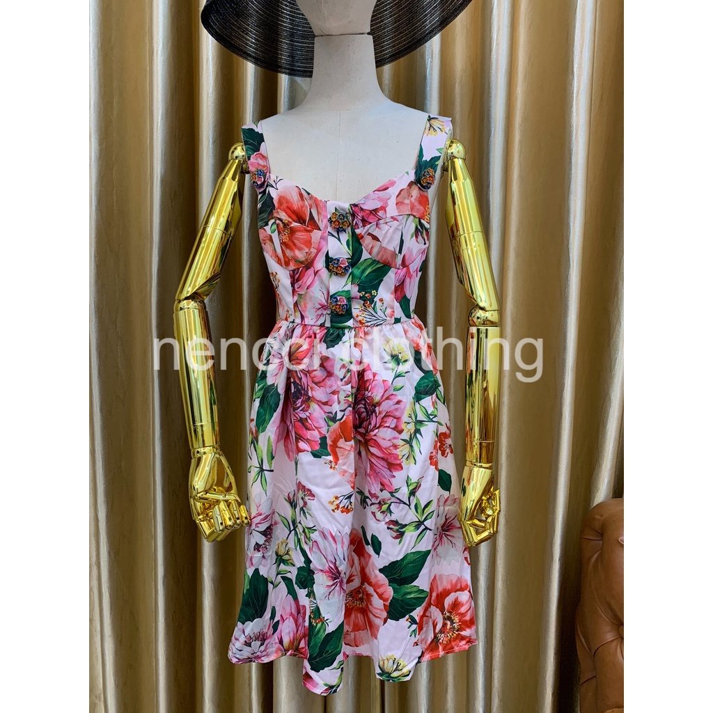 Váy_đầm 2 dây bản to phiên bản có đính cúc dáng ngắn xòe in họa tiết hoa DG siêu xinh