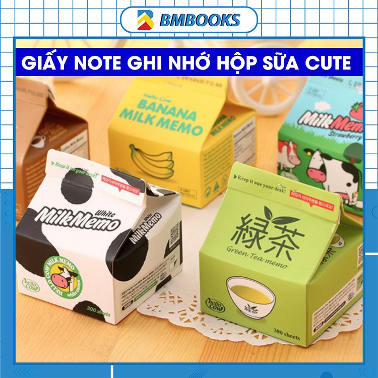 Giấy note cute, giấy ghi chú hình hộp sữa dạng rút Milk Memo 300 tờ không keo ngọt ngào đủ phân loại hấp dẫn BMBooks