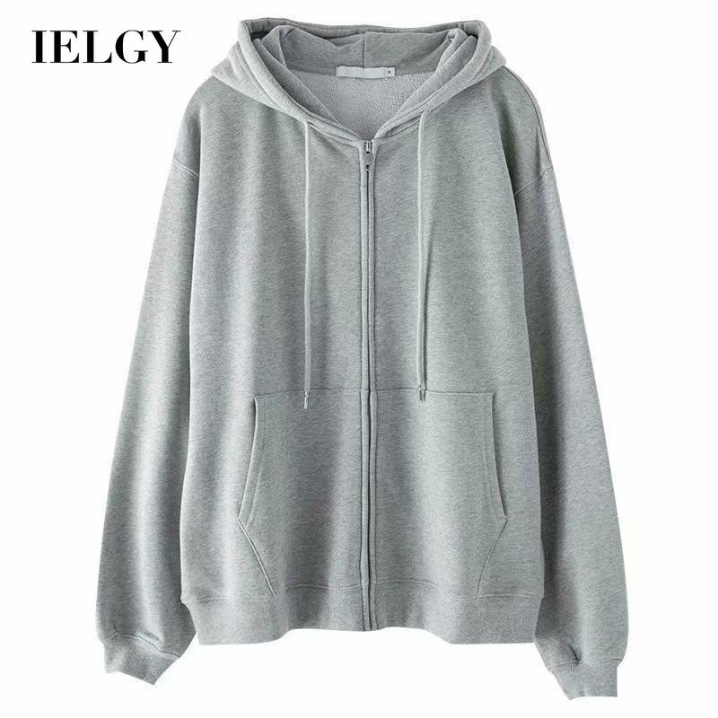 Áo khoác IELGY có mũ đội màu xám dáng rộng phong cách đơn giản Hàn Quốc dễ phối đồ