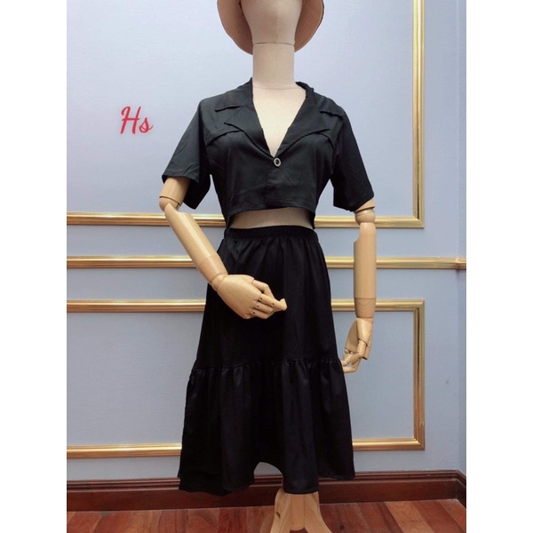 Sét áo cổ vest +chân váy tầng mây HSU1