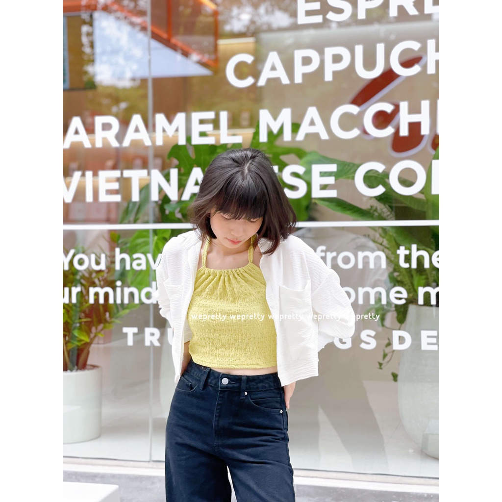 Áo yếm buộc dây freesize trendy chất vải thun xốp màu xanh bơ phù hợp với các outfit mùa hè AH09 Wepretty Clothes