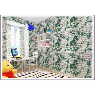 COMBO 20m giấy dán tường gạch trắng dây leo xanh - có sẵn keo dán khổ 45cm