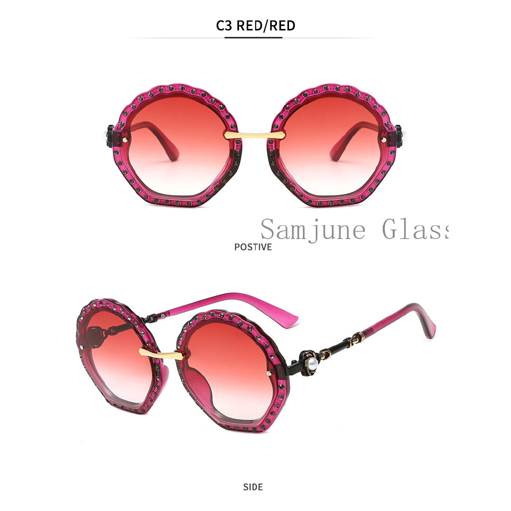 Kính mát Samjune gọng tròn bằng kim loại đính ngọc trai giả sang trọng cho nữ