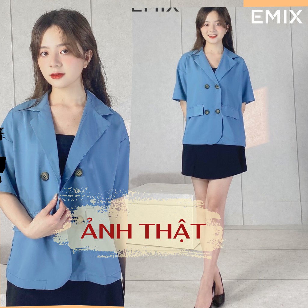 Áo khoác cổ vest EMIX (màu xanh), blazer, không có túi, cộc tay, form rộng, dáng dài, chất trượt hàn mềm mịn