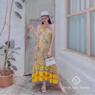 VÁY MAXI CỔ YẾM THỔ CẨM