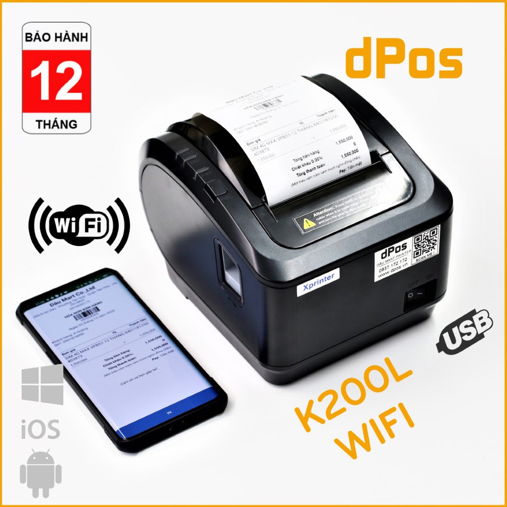 Máy in hoá đơn WIFI K80 dPos K200L &amp; N160II in bill Pos Không Dây từ điện thoại máy tính PC sử dụng giấy in nhiệt K80