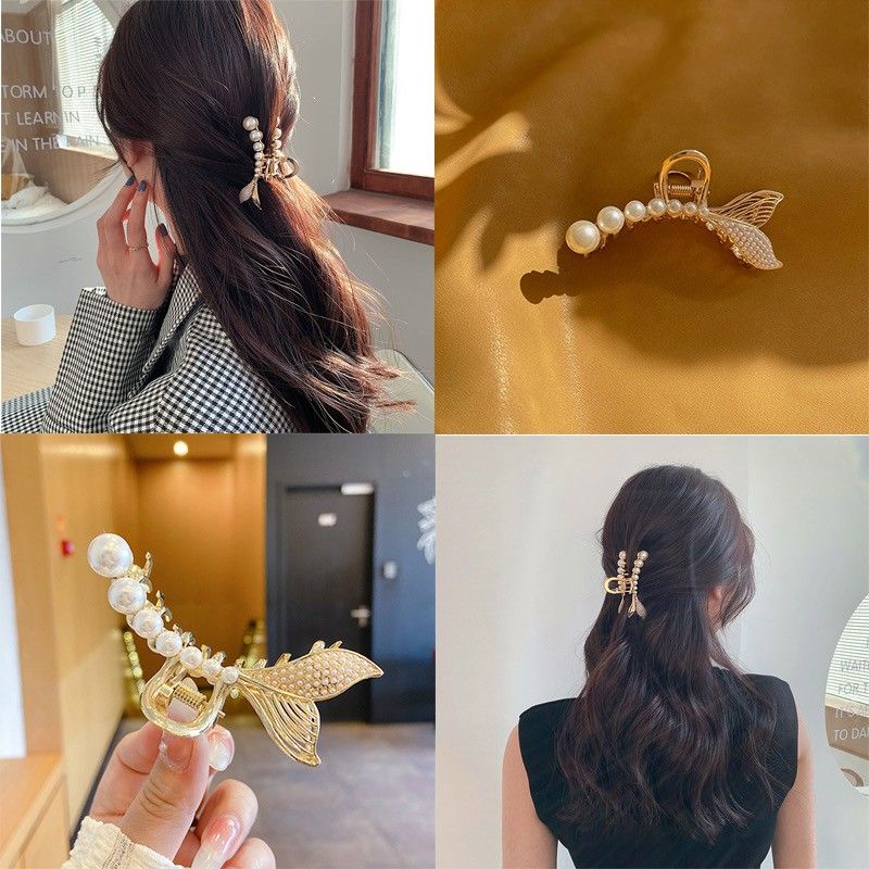 Kẹp tóc càng cua kim loại đuôi cá đính ngọc phong cách hàn quốc