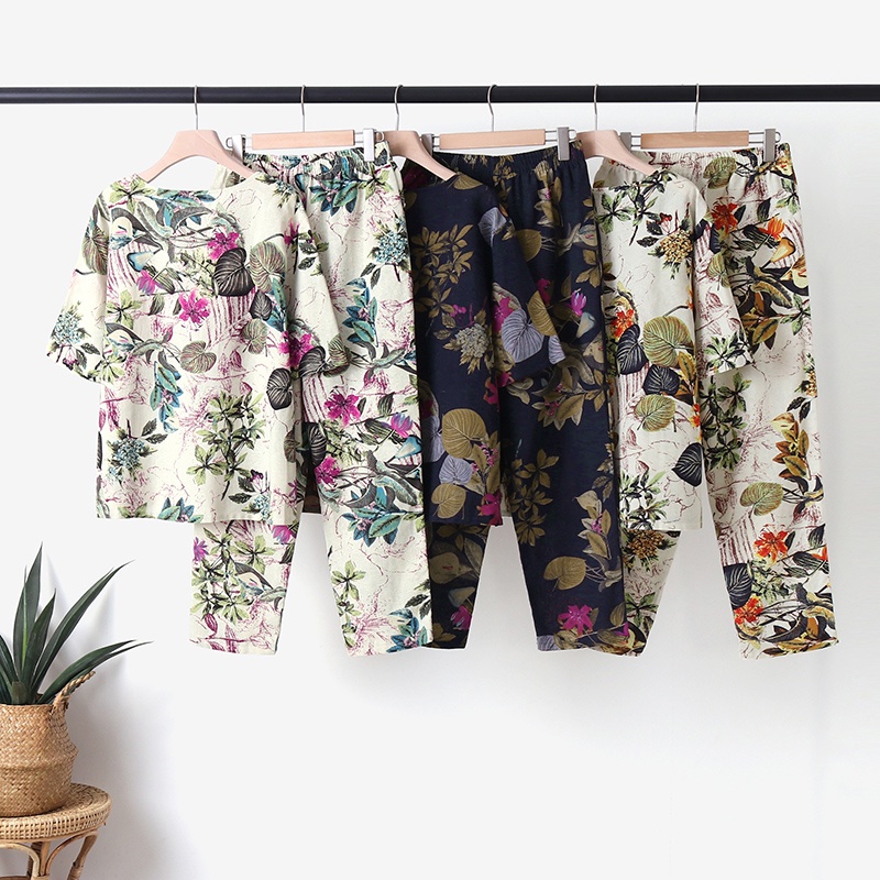 Bộ đồ 2 món ZANZEA gồm áo thun tay ngắn cổ tròn và quần dài in họa tiết dễ thương thời trang dành cho nữ