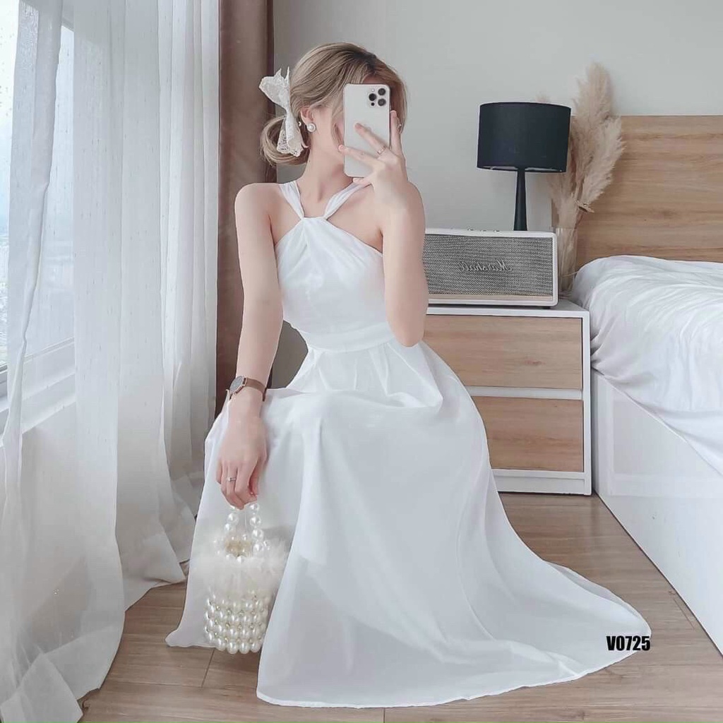 Đầm Chéo Cổ Sành Diệu Ôm Body Dáng Midi Xòe , Đầm Voan Trơn 2 Mùa Trắng Xanh Có Mút