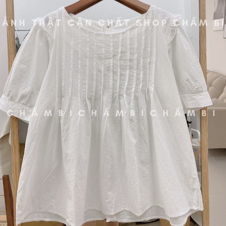 [SALE] Áo Sơ Mi Trắng Cổ Tròn Dáng Babydoll Cộc Tay Hàng Cúc Đen Sau Cực Xinh - A.192