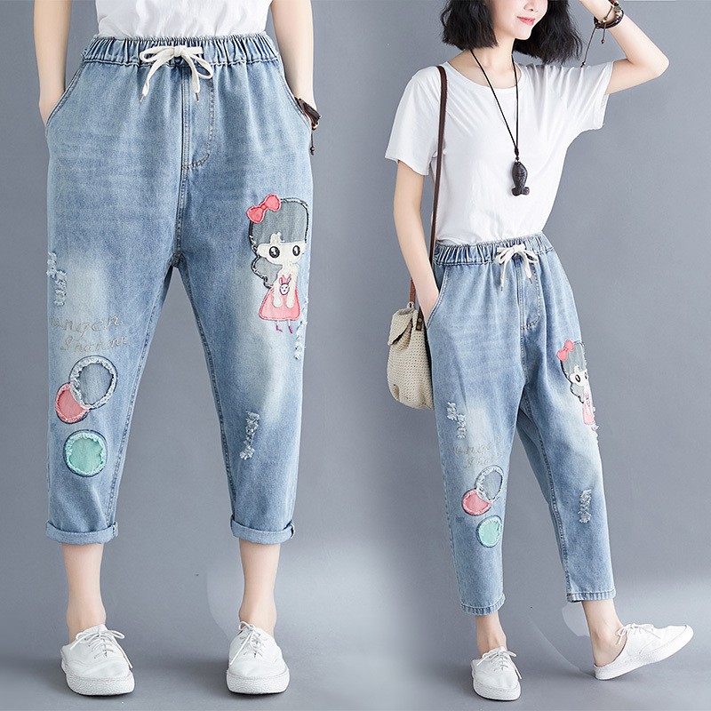 H146 Quần bò bigsize cạp chun họa tiết dễ thương