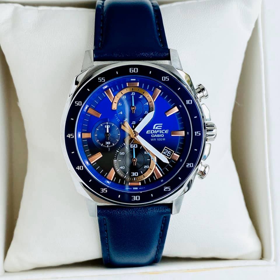 Đồng hồ nam dây da chống nước Casio Edifice EFV 600L-2A Mặt xanh Bảo hành 5 năm Hyma watch