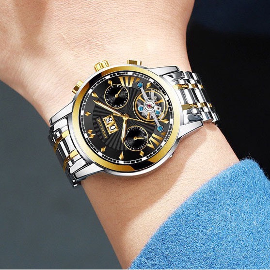 Đồng Hồ Cơ Nam AOKULASIC AUTOMATIC Dây Thép Đúc Đặc Khóa Bướm Kính Tráng Saphia Chạy Lịch Tháng, Ngày, Thứ Cao Cấp AOK79
