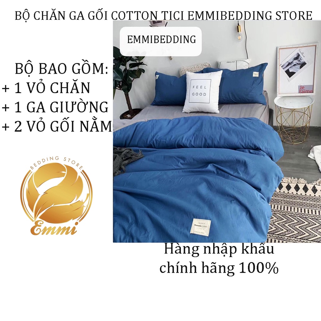 Bộ chăn ga gối cotton Tici xanh da trời Emmibedding Store