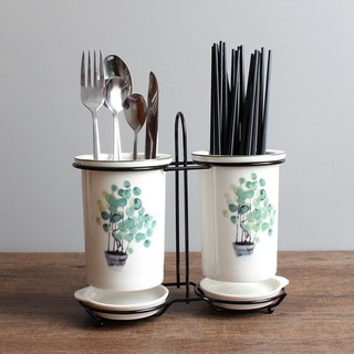 Lọ đựng đũa, ống đựng đũa bằng sứ nền trắng họa tiết hoa lá nhiệt đới