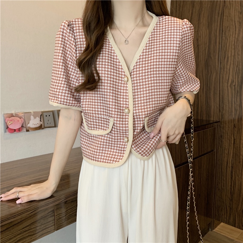 Áo Dệt Kim Nữ Màu Hồng, Ghi Cổ V Tay Ngắn Dáng Rộng Có Túi Nắp Họa Tiết ZicZac Caro Thời Trang Phong Cách Hàn Quốc