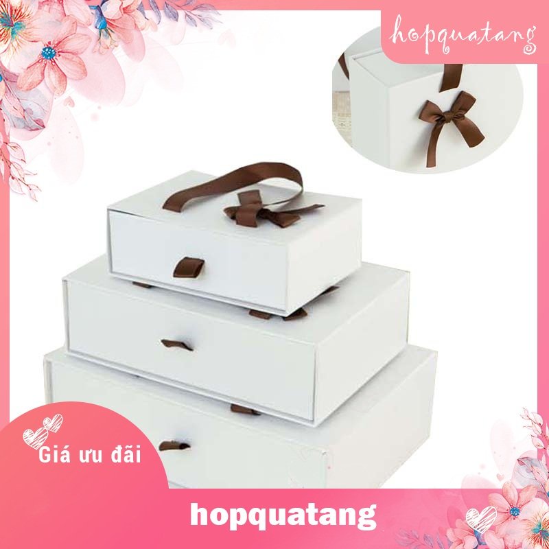 Hộp Quà Tặng Kèm Túi Màu Trắng Gắn Nơ Nâu Dạng Kéo Cao Cấp