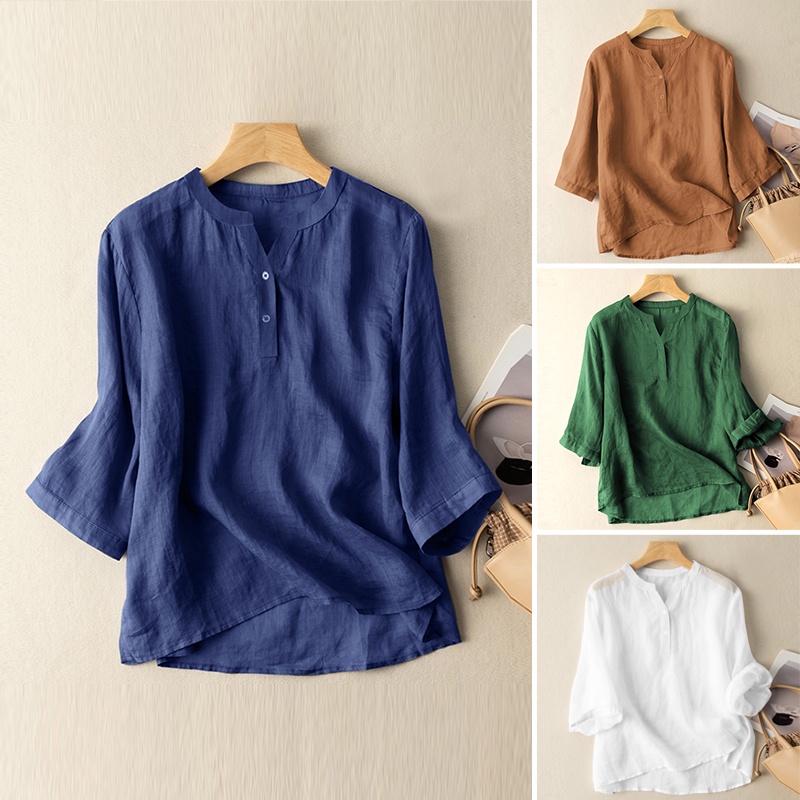 Zanzea Áo Sơ Mi Cotton Cổ Chữ V Màu Trơn Dáng Rộng Thời Trang Cho Nữ