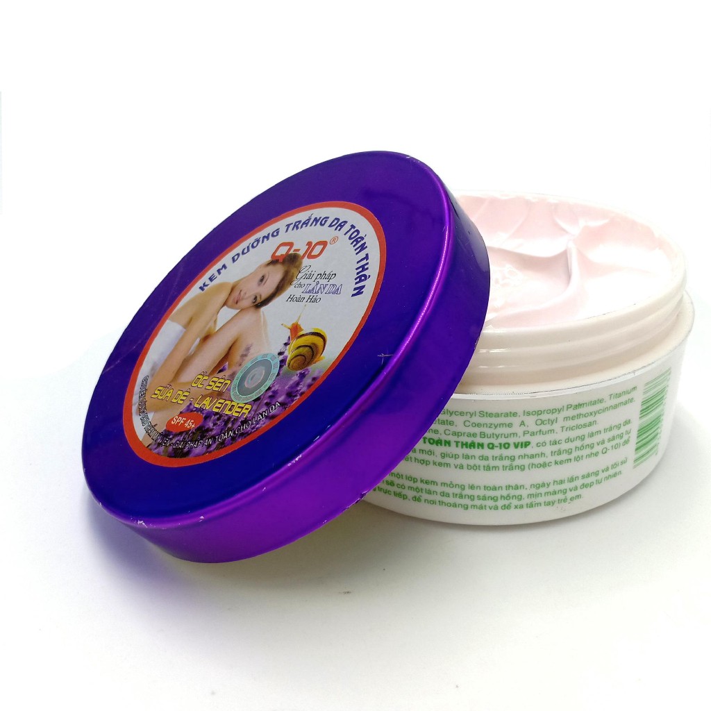 Kem dưỡng trắng da toàn thân Ốc sên - Sữa dê - Lavender Q10 200g (Tím - Trắng)[Xả Hàng]