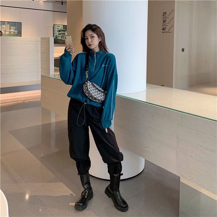Áo sweatshirt nữ Perty cổ cao dáng rộng năng động phong cách Hàn Quốc