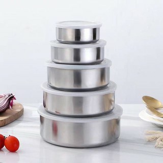 Sét 5 bát inox có nắp đậy silicon đựng bảo vệ thực phẩm,bộ thố lạnh inox 5 món tiện dụng.