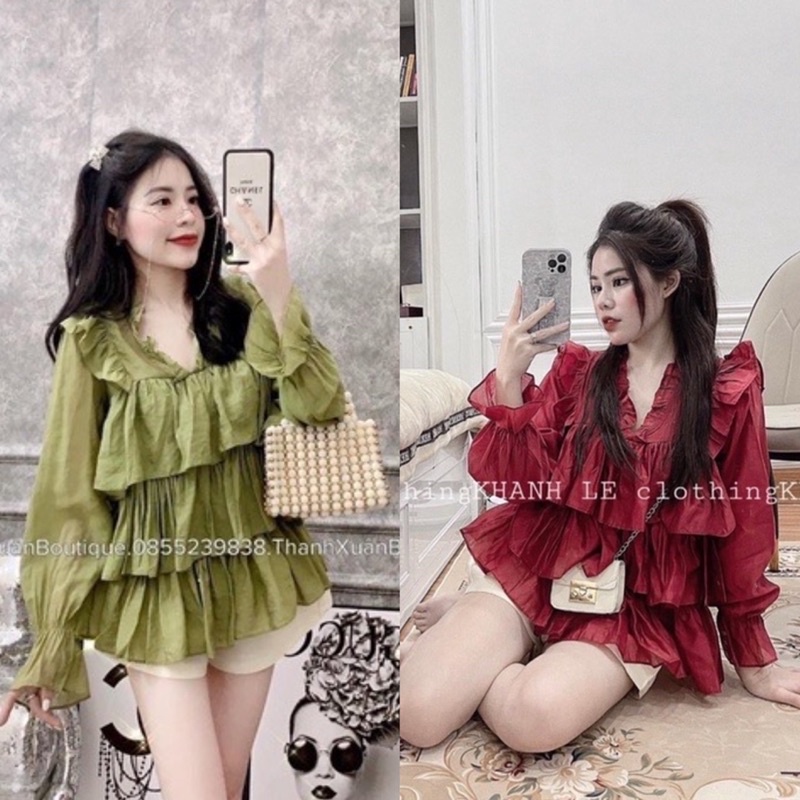 Sét áo đỏ bèo phối quần tacta be phồng siêu xinh