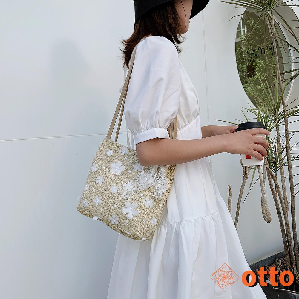 Women Straw Totes Shoulder Bag Lace Flower Portable Elegant Beach Handbag