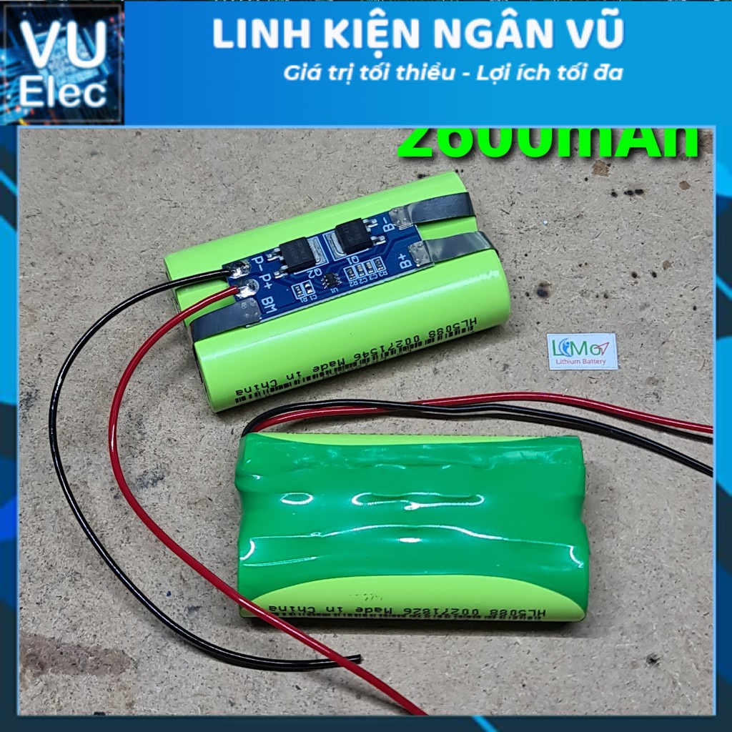 Khối pin 2S 2600mAH - 6A. (7,4V Cạn - 8,4V Đầy). Được đóng từ 2 cell pin Lithium 18650 Mới. Có mạch bảo vệ 2S