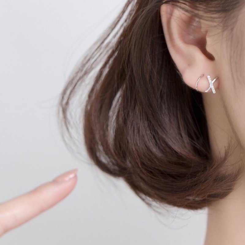 Bông tai nữ bạc thật đan xoắn chữ x đính đá ôm sát tai cá tính - Kho sỉ bạc Nhất Linh
