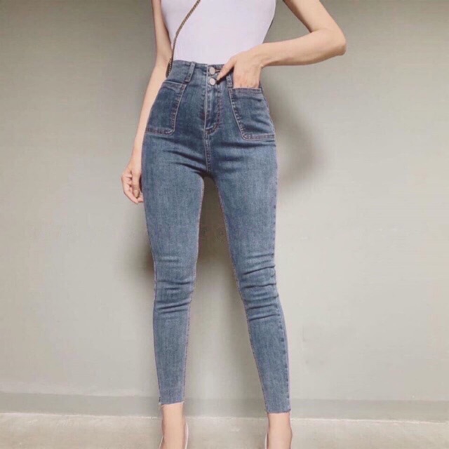Quần jean lưng cao phối nút cao cấp