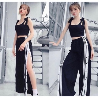 Set áo hai dây kèm quần ống rộng nút bấm