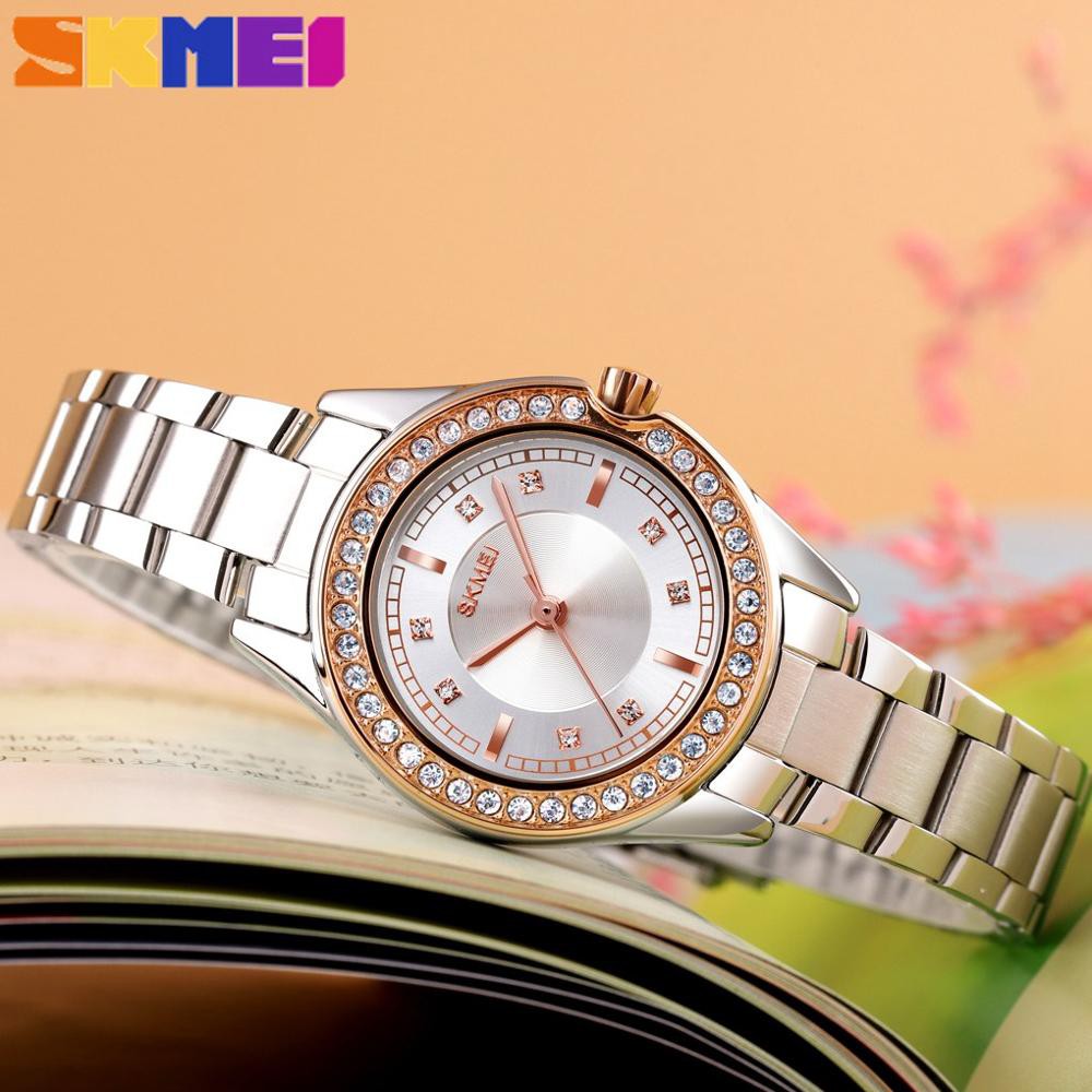 Đồng Hồ Analog Máy Quartz Nữ Đính Hột Xoàn Dây Thép Không Gỉ Chống Thấm Nước SKMEI1534