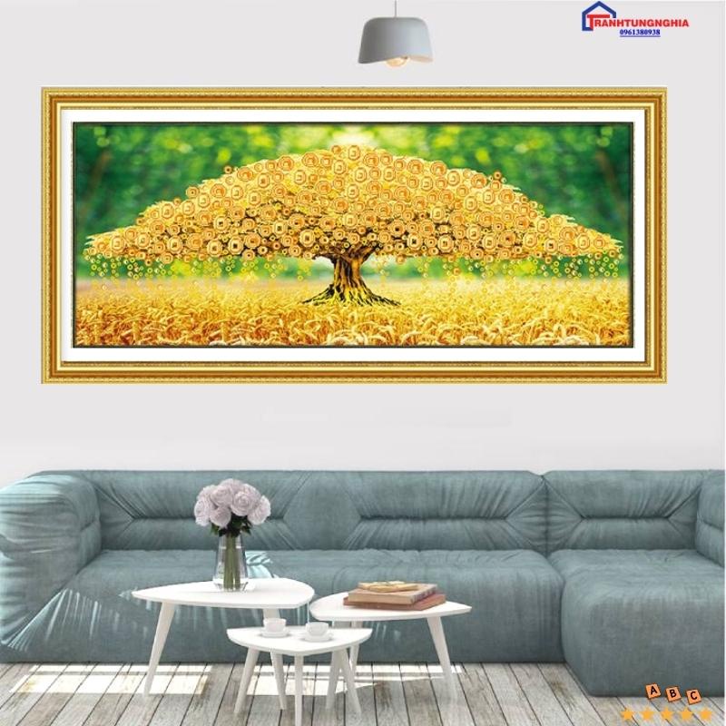 Tranh đính đá, thêu chữ thập cây tiền vàng tài lộc 1m50 x 65cm - 1m18 x 50cm