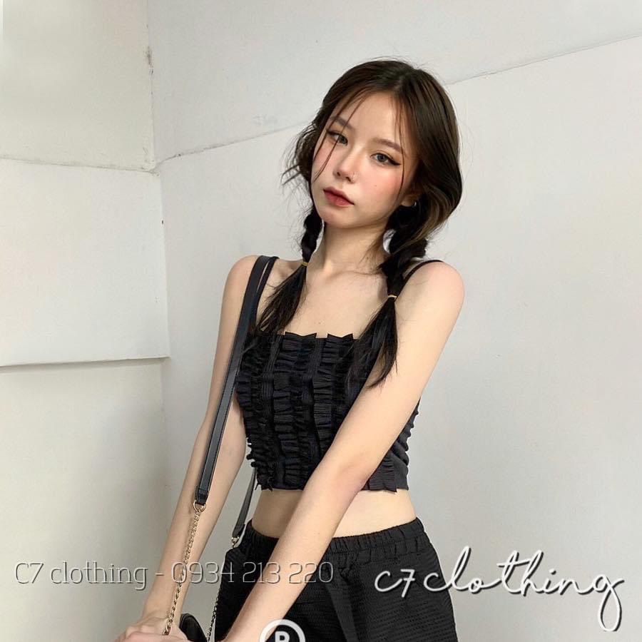 (freeship-ảnh thật) Áo kiểu 2 dây croptop viền bèo đứng cực xinh , chất thun gân mềm mịn