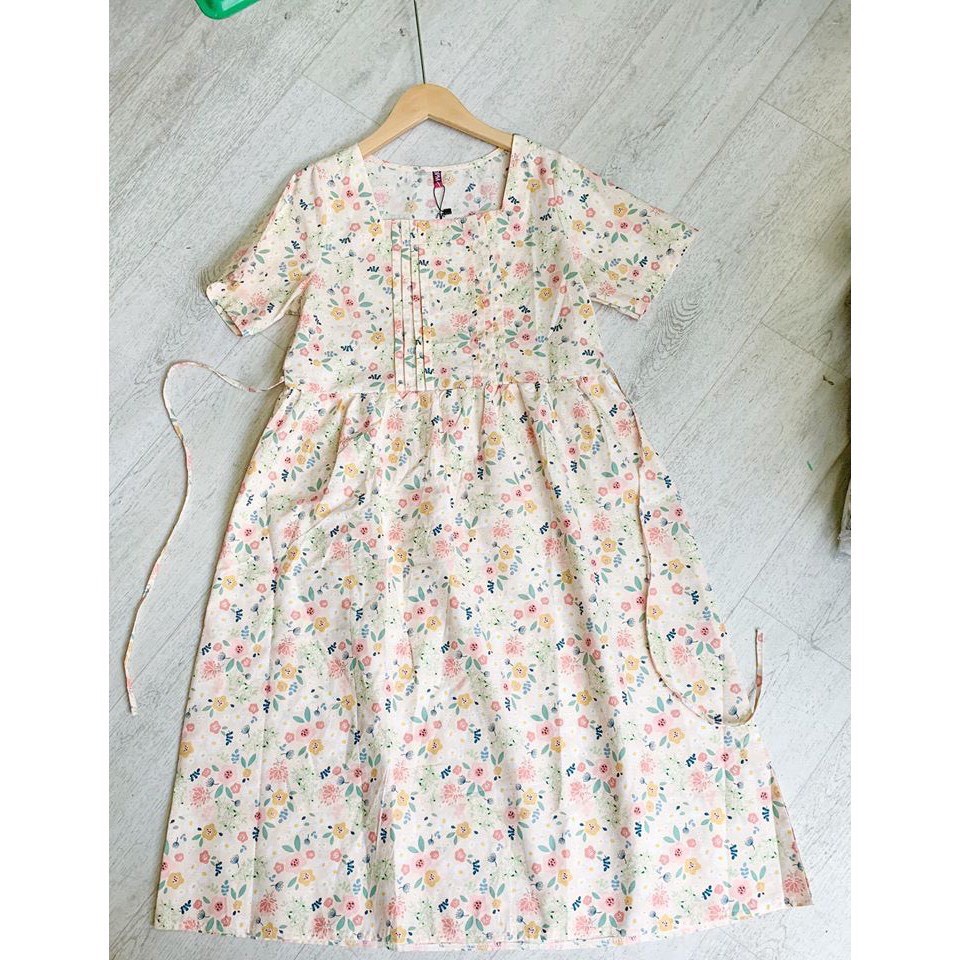 Đầm - Váy babydoll hoa nhí cổ vuông xếp ly ngực ulzzang