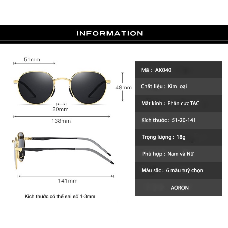 Kính Mát Nam Nữ Thời Trang, Tròng Phân Cực Polarized Đi Chơi, Đi Biển Chống Chói, Chống Tia UV400 AK040 - AORON