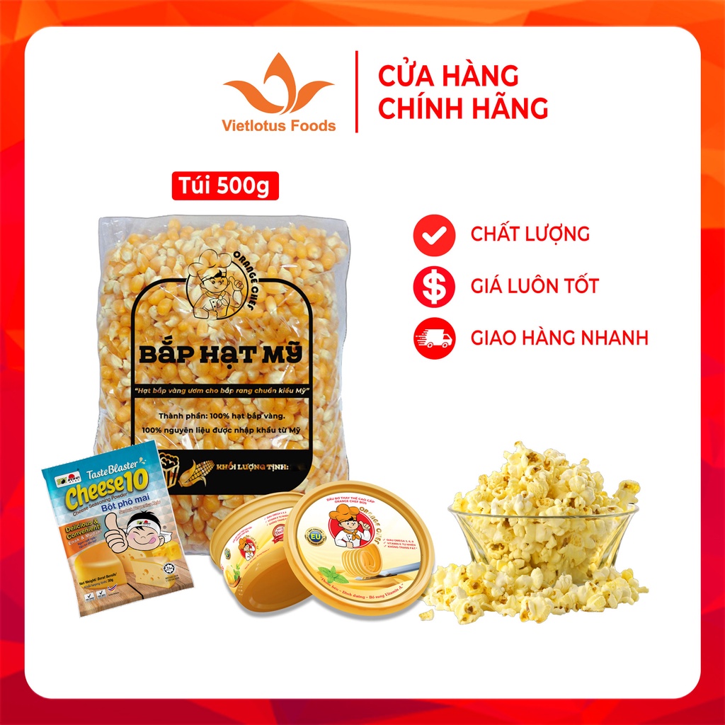 Combo bắp rang bơ lắc phô mai tiện lợi - Bắp rang hạt Mỹ 500g + Hũ bơ 200g + 1 túi bột phô mai lắc 30g