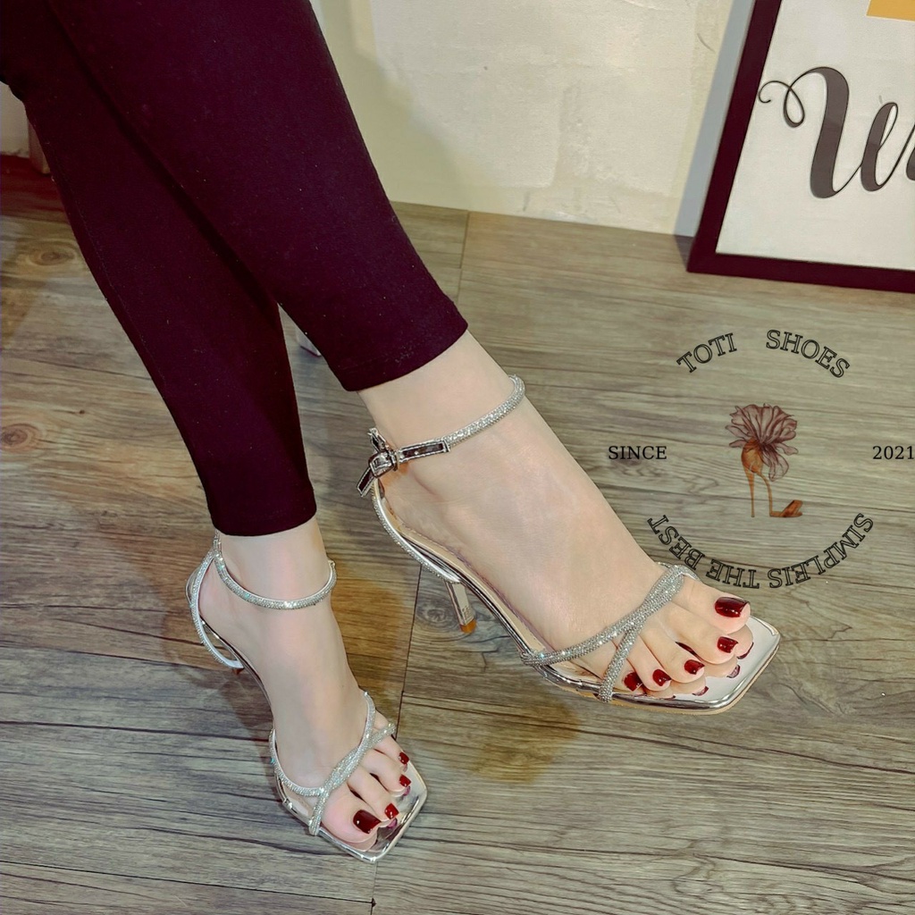 GIÀY CAO GÓT TOTIIE SHOES - GUỐC THỜI TRANG QUAI NGANG MẢNH ĐÁ - SANDAL NỮ MŨI VUÔNG GÓT NHỌN 9 PHÂN G2012540