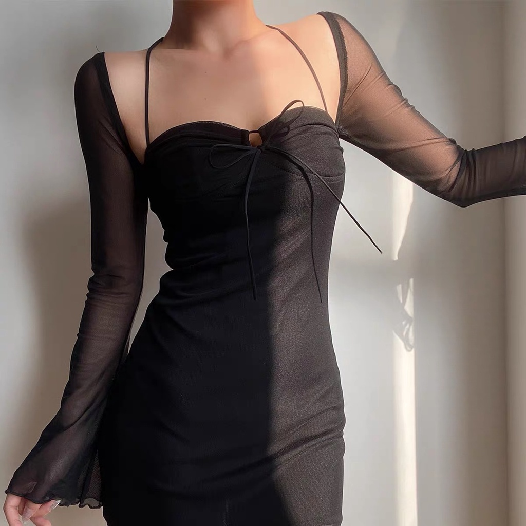 Đầm body đen thun phối lưới trễ vai kèm ảnh thật