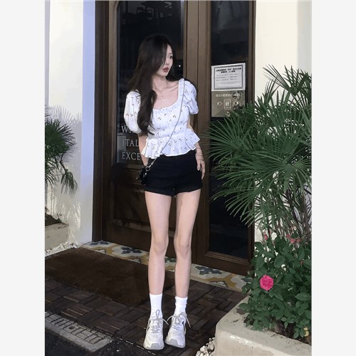 Áo Sơ Mi Tay Ngắn Phồng Cổ Vuông In Họa Tiết Hoa Độc Đáo Thời Trang Mùa Hè Cho Nữ