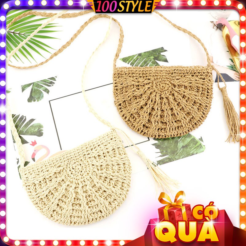 Túi Cói Phối Tua Rua Dáng Bán Nguyệt