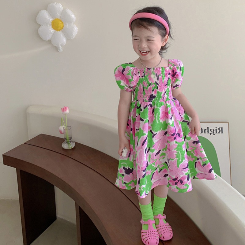 Đầm Bé Gái Đầm Tay Ngắn Cổ Vuông In Hoa Thời Trang Mùa Hè Dành Cho Bé Gái Se7en