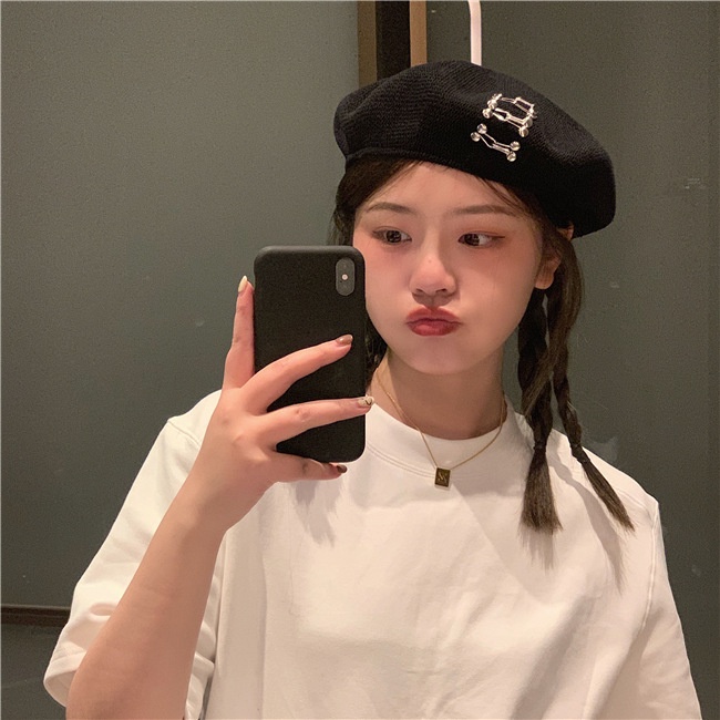 Mũ beret màu đen bằng cotton lanh thời trang phong cách retro Nhật Bản cho nữ