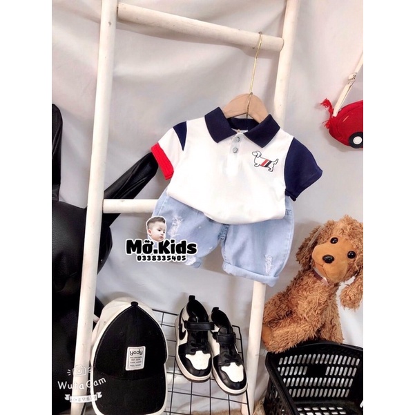 Set bộ quần jean mềm . áo cổ trụ in hình hoodie cho bé trai cực hot với hai màu trắng và ghi