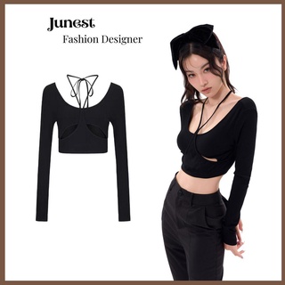 Áo thun body tay dài nữ Junest áo khoét chân ngực cổ yếm dây buộc cổ  So Hot ATBC05