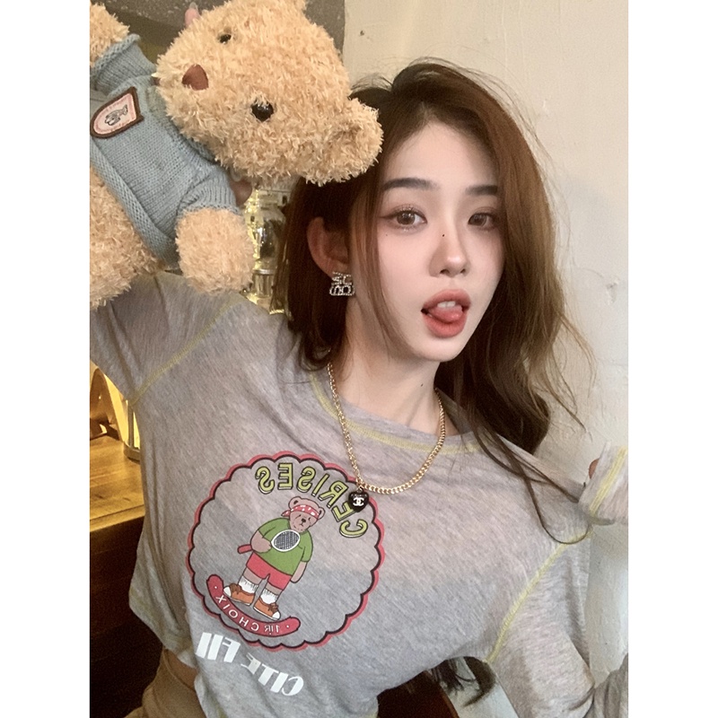 NRVP Áo Thun Nữ Oversize Cổ Tròn Dài Tay Kiểu Hàn Quốc