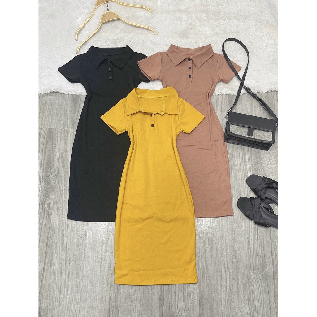 Đầm body thun tay ngắn cổ bẻ sơ mi phối cài nút trước cực sang chảnh basic