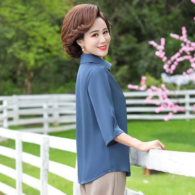 Áo sơ mi trung niên nữ đẹp cho mẹ A85 chất lụa, shop thời trang cho người lớn tuổi U40 U50 U60 cao cấp Bigsize giá rẻ